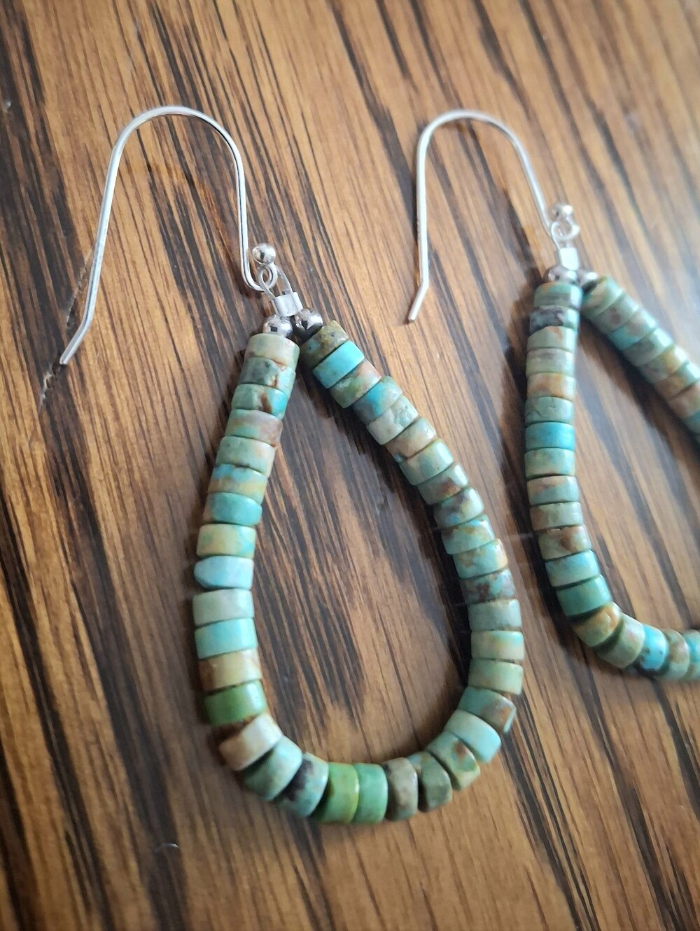 Heishi Nevada Green Turquoise Hoop Earrings Sterling Silver Handmade - Picture 3 of 4